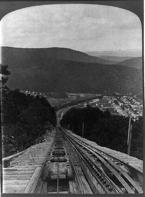 A dramatic perspective down one of the Mauch Chunk Switchback Railway's inclined planes