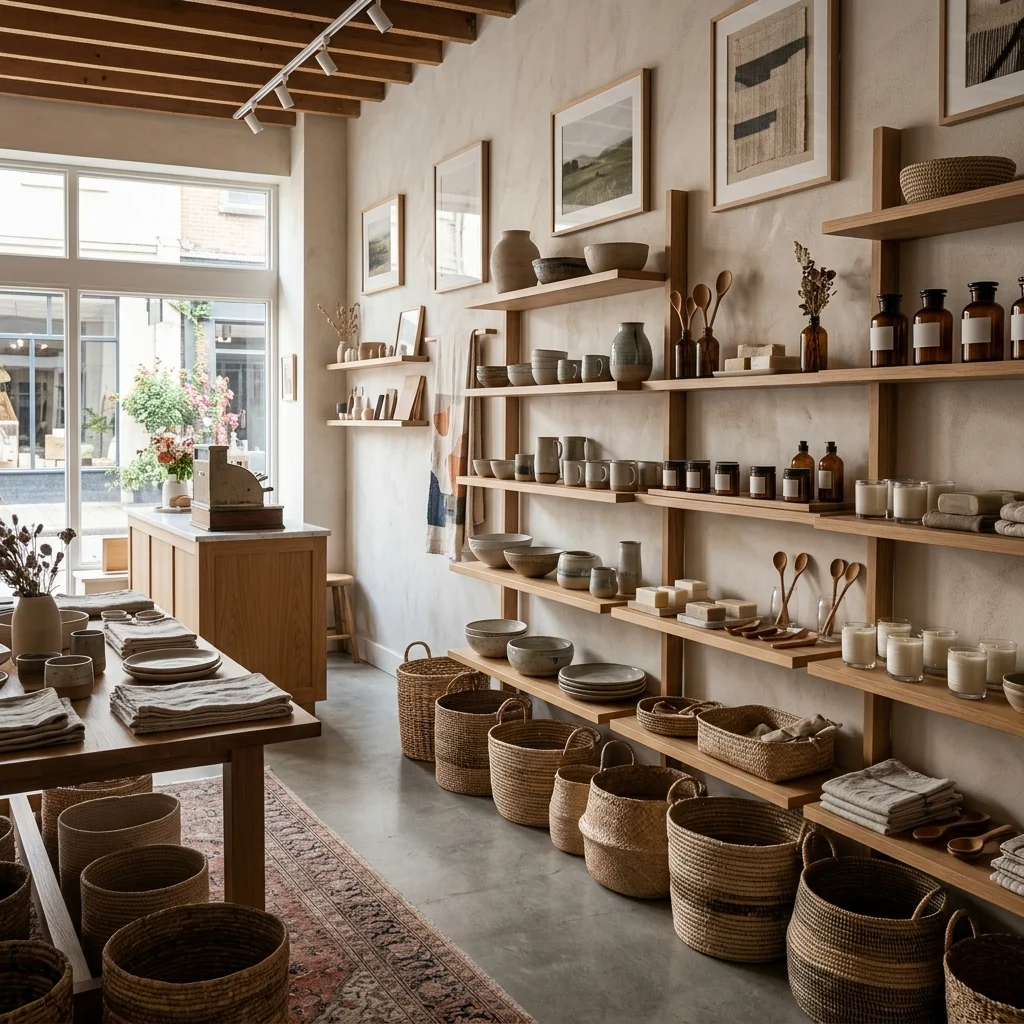 Boutique retail shop interior with wooden shelves